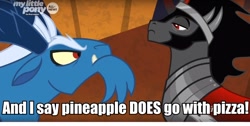 Size: 960x485 | Tagged: safe, derpibooru import, edit, edited screencap, screencap, grogar, king sombra, pony, unicorn, the beginning of the end, caption, duo, image macro, pineapple pizza, silly, text, very silly