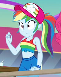 Size: 700x880 | Tagged: safe, derpibooru import, screencap, rainbow dash, better together, equestria girls, spring breakdown, clothes, cropped, cute, dashabetes, geode of super speed, hat, magical geodes, midriff, ponytail, sleeveless, solo, tanktop