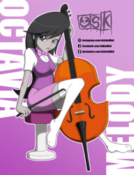 Size: 1128x1468 | Tagged: safe, artist:oldskullkid, octavia melody, equestria girls, bow, bowtie, cello, clothes, female, looking at you, missing shoes, musical instrument, sitting, skirt, socks, solo, thigh highs