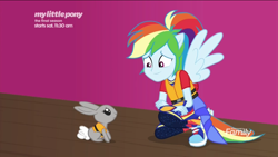 Size: 1136x640 | Tagged: safe, derpibooru import, screencap, rainbow dash, rabbit, better together, equestria girls, spring breakdown, lifejacket, mr. bouncy, ponied up, smiling