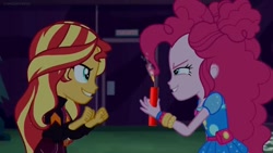 Size: 1229x691 | Tagged: safe, edit, edited screencap, screencap, pinkie pie, sunset shimmer, better together, equestria girls, sunset's backstage pass!, clothes, dynamite, explosives