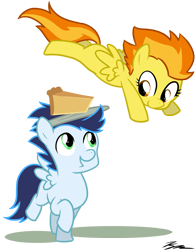 Size: 1267x1618 | Tagged: safe, artist:egophiliac, derpibooru import, soarin', spitfire, filly, pie, younger