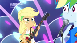 Size: 1136x640 | Tagged: safe, derpibooru import, screencap, applejack, rainbow dash, better together, equestria girls, spring breakdown, all good (song), bass guitar, green face, microphone, musical instrument, sick, sleeveless, smiling, trying to smile