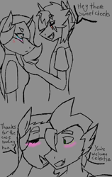 Size: 1200x1900 | Tagged: safe, artist:moonakart13, princess celestia, princess luna, spike, twilight sparkle, anthro, alternate universe, angry, blushing, clothes, couple, female, flirting, freckles, gender, genderless, gray background, lesbian, male, moona-knight-13, muzzle, nuzzling, scar, shipping, shirt, simple background, spikelestia, spilestia, straight, text, twiluna, white background