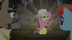 Size: 1920x1080 | Tagged: safe, derpibooru import, screencap, doctor caballeron, fluttershy, rainbow dash, pegasus, pony, daring doubt, hat, saddle bag