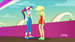 Size: 1136x640 | Tagged: safe, derpibooru import, screencap, applejack, rainbow dash, better together, equestria girls, spring breakdown, green face, hands on hip, relaxed face, seasickness, sick, sleeveless