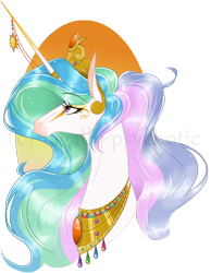 Size: 1240x1594 | Tagged: safe, artist:legally-psychotic, princess celestia, alicorn, pony, bust, eyelashes, eyeshadow, female, horn jewelry, horn ring, jewelry, lidded eyes, looking up, makeup, mare, modified accessory, necklace, portrait, profile, simple background, solo, transparent background, watermark