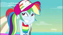 Size: 1136x640 | Tagged: safe, derpibooru import, screencap, rainbow dash, better together, equestria girls, spring breakdown, awkward smile, clothes, cute, dashabetes, grin, nervous, nervous grin, rainbow dash is best facemaker, sleeveless, smiling, tanktop