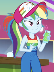 Size: 600x797 | Tagged: safe, derpibooru import, screencap, rainbow dash, better together, equestria girls, spring breakdown, bendy straw, cap, clothes, drinking straw, female, hat, rainbow dash is best facemaker, solo, stupid sexy rainbow dash