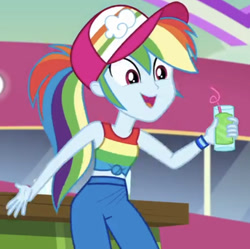 Size: 757x755 | Tagged: safe, derpibooru import, screencap, rainbow dash, better together, equestria girls, spring breakdown, animation error, bendy straw, cap, clothes, drinking straw, female, geode of super speed, hat, magical geodes, solo