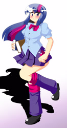 Size: 840x1600 | Tagged: safe, artist:tyaramu, derpibooru import, twilight sparkle, equestria girls, blouse, book, clothes, humanized, miniskirt, pixiv, pleated skirt, purple eyes, shadow, skirt, solo