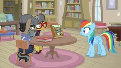 Size: 1920x1080 | Tagged: safe, derpibooru import, screencap, a.k. yearling, doctor caballeron, rainbow dash, pegasus, pony, daring doubt, book, bookshelf, groom q.q. martingale