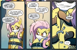 Size: 983x633 | Tagged: safe, artist:tonyfleecs, idw, fluttershy, bat pony, pony, night of the living apples, spoiler:comic, spoiler:comic33, comic, cropped, female, flutterbat, mare, official comic, restrained, speech bubble, you know for kids