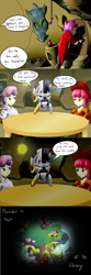 Size: 800x2400 | Tagged: safe, artist:starykrow, scootaloo, sweetie belle, zecora, zebra, ask the cmc, gendo pose, golden oaks library, humanized, zecora's hut