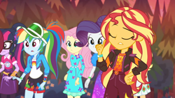 Size: 1280x720 | Tagged: safe, derpibooru import, screencap, fluttershy, rainbow dash, rarity, sci-twi, sunset shimmer, twilight sparkle, better together, equestria girls, sunset's backstage pass!, discovery family logo, eyes closed, geode of empathy, geode of fauna, geode of super speed, geode of telekinesis, magical geodes