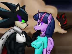 Size: 900x681 | Tagged: safe, artist:sonigoku, derpibooru import, twilight sparkle, twilight sparkle (alicorn), alicorn, anthro, :o, crossover, eye contact, glowing eyes, hypnosis, mephiles the dark, shadow the hedgehog, sombra eyes, sonic the hedgehog (series)