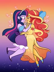 Size: 912x1200 | Tagged: safe, artist:selena, sunset shimmer, twilight sparkle, twilight sparkle (alicorn), alicorn, equestria girls, clothes, dress, female, lesbian, shipping, sunsetsparkle