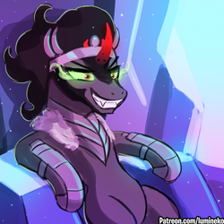 Size: 750x750 | Tagged: safe, artist:lumineko, derpibooru import, king sombra, pony, unicorn, the beginning of the end, armor, curved horn, dark magic, evil grin, fangs, glowing eyes, grin, horn, long live the king, magic, male, scene interpretation, smiling, solo, sombra eyes, stallion, throne