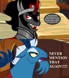 Size: 800x900 | Tagged: safe, derpibooru import, edit, edited screencap, screencap, grogar, king sombra, pony, unicorn, g1, my little pony 'n friends, the beginning of the end, the return of tambelon, angry, dialogue, five exclamation points, g1 to g4, generation leap, implied danny, implied megan, implied molly, implied spike (g1), speech bubble, wolf teeth