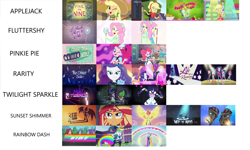 Size: 1280x766 | Tagged: safe, derpibooru import, edit, edited screencap, screencap, applejack, fluttershy, pinkie pie, rainbow dash, rarity, sci-twi, spike, spike the regular dog, sunset shimmer, twilight sparkle, dog, coinky-dink world, eqg summertime shorts, equestria girls, equestria girls series, five to nine, let it rain, life is a runway, mad twience, my past is not today, run to break free, shake things up!, so much more to me, the other side, spoiler:eqg series (season 2), music video