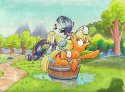 Size: 1165x851 | Tagged: safe, artist:kittyhawk-contrail, applejack, rarity, earth pony, pony, unicorn, andy price style, bath, bathing, biting, brush, brushie, brushing, bucket, cute, faic, female, forced bathing, frown, glare, hair pulling, help, i can't believe it's not idw, levitation, magic, mare, markers, mouth hold, outdoors, prone, silly, silly pony, splashing, struggling, style emulation, telekinesis, tongue out, traditional art, tree, water, wet, wet mane, wide eyes