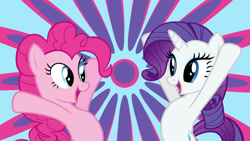 Size: 1920x1080 | Tagged: safe, pinkie pie, rarity, earth pony, pony, unicorn, duo, duo female, female, mare, pink coat, pink mane, purple mane, wallpaper, white coat