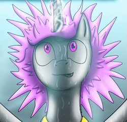 Size: 565x542 | Tagged: safe, artist:bonaxor, princess celestia, alicorn, pony, comic:corruption, cropped, glowing horn, messy hair, solo