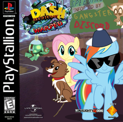 Size: 802x800 | Tagged: safe, artist:luckreza8, artist:nickyv917, derpibooru import, discord, fluttershy, rainbow dash, tank, winona, dog, pegasus, pony, tortoise, 1000 hours in ms paint, baseball cap, box art, cap, coco bandicoot, collar, cover, crash bandicoot, crash bandicoot warped, cute, esrb, fake, faker than a three dollar bill, gangster, graffiti, hat, naughty dog, playstation, race track, racing, rainbow swag, shyabetes, sony computer entertainment, sunglasses, swag, trollcord, universal studios