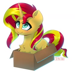 Size: 1286x1258 | Tagged: safe, artist:puetsua, sunset shimmer, pony, unicorn, box, cardboard box, chest fluff, cute, female, if i fits i sits, mare, pony in a box, shimmerbetes, simple background, smiling, solo, white background