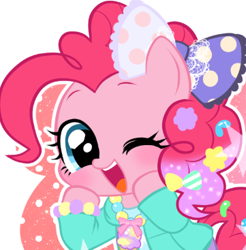 Size: 361x367 | Tagged: safe, artist:momo, pinkie pie, earth pony, pony, abstract background, askharajukupinkiepie, bow, bracelet, candy, clothes, cute, diapinkes, food, hair accessory, hair bow, harajuku, jewelry, one eye closed, open mouth, solo, wink