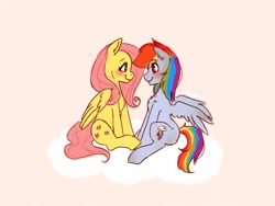 Size: 2048x1536 | Tagged: safe, artist:siripim111, derpibooru import, fluttershy, rainbow dash, pegasus, pony, blushing, duo, female, flutterdash, lesbian, looking at each other, shipping, simple background, sitting, white background