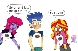 Size: 1024x678 | Tagged: safe, artist:resotii, flash sentry, sunset shimmer, oc, oc:artsy dazzle, equestria girls, legend of everfree, blushing, camp everfree, camp everfree outfits, disney, kiss the girl, red face, the little mermaid