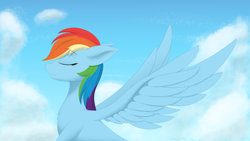 Size: 1920x1080 | Tagged: safe, artist:kota, derpibooru import, rainbow dash, pegasus, pony, female, flying, mare, solo, wallpaper, wings