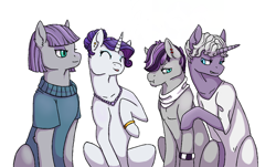 Size: 1148x695 | Tagged: safe, artist:anonymous-potayto, boulder (pet), maud pie, maulder berry, rarity, oc, oc:amethyst, oc:geode, earth pony, pony, unicorn, cargo ship, female, lesbian, magical lesbian spawn, male, mare, offspring, parent:maud pie, parent:rarity, parents:rarimaud, rarimaud, rockcon, rule 63, shipping, simple background, stallion, white background