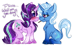 Size: 1116x686 | Tagged: safe, artist:srtamilled, starlight glimmer, trixie, pony, unicorn, blushing, dialogue, ear fluff, female, food, gradient hooves, lesbian, pocky, scrunchy face, shipping, startrix, unshorn fetlocks