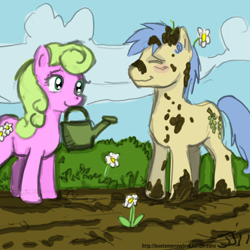 Size: 1280x1280 | Tagged: safe, artist:johnjoseco, daisy, flower wishes, goldengrape, sir colton vines iii, earth pony, pony, daisygrape, female, garden, male, mare, shipping, stallion, straight