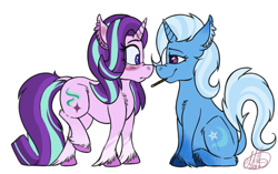 Size: 640x401 | Tagged: safe, artist:srtamilled, starlight glimmer, trixie, pony, unicorn, ear fluff, female, food, gradient hooves, lesbian, pocky, shipping, simple background, startrix, unshorn fetlocks, white background