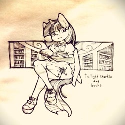 Size: 554x554 | Tagged: safe, artist:hobilo, derpibooru import, twilight sparkle, twilight sparkle (alicorn), alicorn, anthro, human, book, grayscale, humanized, monochrome, reading, solo, traditional art