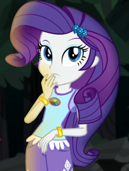 Size: 540x720 | Tagged: safe, screencap, rarity, equestria girls, legend of everfree, bracelet, camp everfree logo, camp everfree outfits, clothes, cropped, cute, hand on mouth, jewelry, looking at you, raribetes, shorts, solo