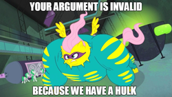 Size: 827x465 | Tagged: safe, screencap, fluttershy, saddle rager, pegasus, pony, image macro, meme, the incredible hulk, your argument is invalid