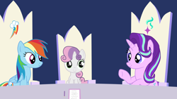 Size: 1920x1080 | Tagged: safe, rainbow dash, starlight glimmer, sweetie belle, pegasus, pony, unicorn, fanfic:the master mev, fanfic art, smiling, table, throne room