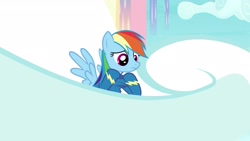 Size: 1920x1080 | Tagged: safe, derpibooru import, screencap, rainbow dash, pegasus, pony, growing up is hard to do, clothes, cloud, solo, uniform, wonderbolts uniform