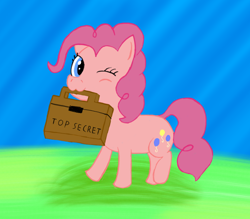 Size: 754x659 | Tagged: safe, artist:zztfox, pinkie pie, earth pony, pony, :3, mouth hold, one eye closed, solo, suitcase, top secret, wink