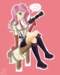 Size: 1636x2048 | Tagged: safe, artist:fluffydus, fluttershy, human, bench, boots, clothes, crossed legs, fluttermedic, glasses, gloves, humanized, looking at you, medic, medigun, necktie, red, sitting, smiling, solo, speech bubble, team fortress 2, wink