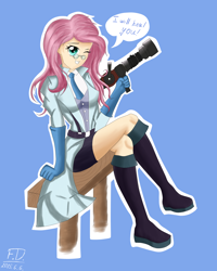 Size: 1636x2048 | Tagged: safe, artist:fluffydus, fluttershy, human, bench, blu, boots, clothes, crossed legs, fluttermedic, glasses, gloves, humanized, looking at you, medic, medigun, necktie, sitting, smiling, solo, speech bubble, team fortress 2, wink