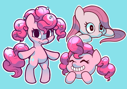 Size: 2557x1790 | Tagged: dead source, safe, artist:gatodelfuturo, pinkie pie, earth pony, pony, bipedal, blue background, cute, diapinkes, eyes closed, happy, looking at you, pinkamena diane pie, simple background, smiling, solo, triality