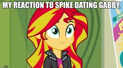 Size: 1904x1064 | Tagged: safe, edit, edited screencap, screencap, sunset shimmer, dragon dropped, equestria girls, rainbow rocks, caption, emotionless, female, image macro, implied gabby, implied shipping, implied spabby, implied spike, implied straight, male, solo, text