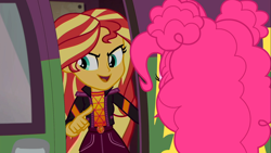 Size: 1916x1080 | Tagged: safe, screencap, pinkie pie, sunset shimmer, equestria girls, equestria girls series, sunset's backstage pass!, spoiler:eqg series (season 2), >:d, duo, female, geode of empathy, magical geodes, tour bus