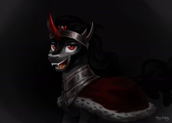 Size: 2560x1829 | Tagged: safe, alternate version, artist:amy-gamy, derpibooru import, king sombra, pony, unicorn, armor, crown, dark, dark background, fangs, jewelry, looking at you, open mouth, red horn, regalia, signature, simple background, smiling, solo, teeth