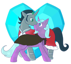 Size: 1100x1000 | Tagged: safe, artist:enigmadoodles, derpibooru import, idw, king sombra, radiant hope, crystal pony, pony, unicorn, cape, cloak, clothes, crystal heart, female, heart, hopebra, jewelry, looking at each other, male, mare, nuzzling, reformed sombra, regalia, shipping, simple background, smiling, stallion, straight, transparent background